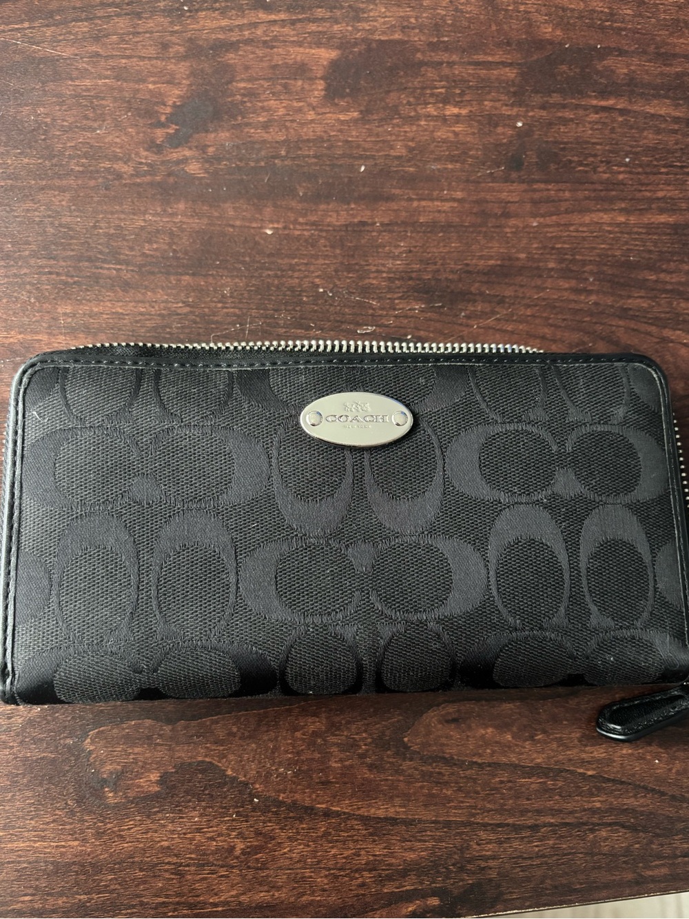 Coach Black Signature Jacquard Zip Wallet with Silver Plaque